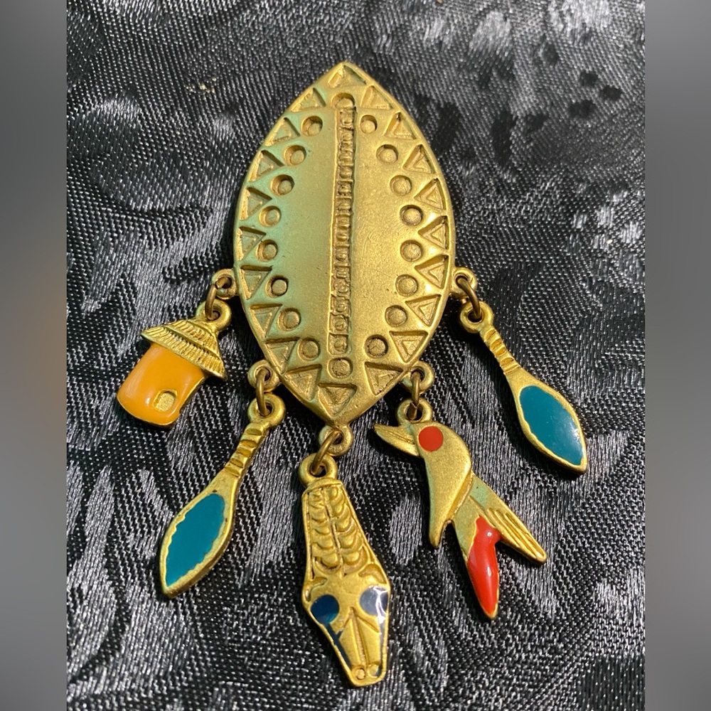 Vintage-Inspired Gold Tone Tribal Brooch with Colorful Enamel